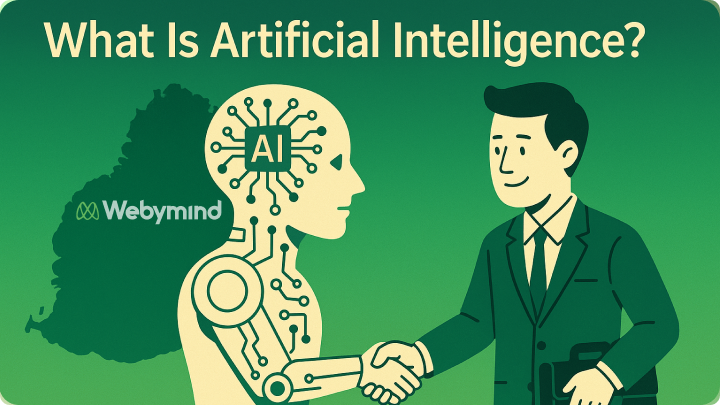 What Is Artificial Intelligence? A friendly robot and entrepreneur shaking hands with the Mauritius map in the background.
